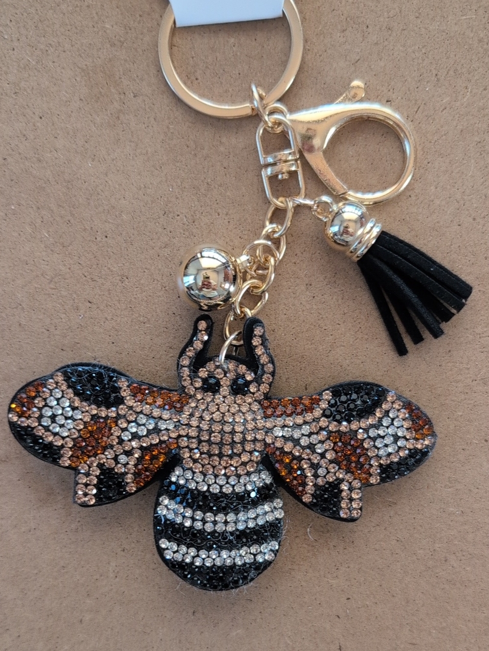 Crystal Bee Keychain Bag Charm - Black, Brown & Gold Accent
